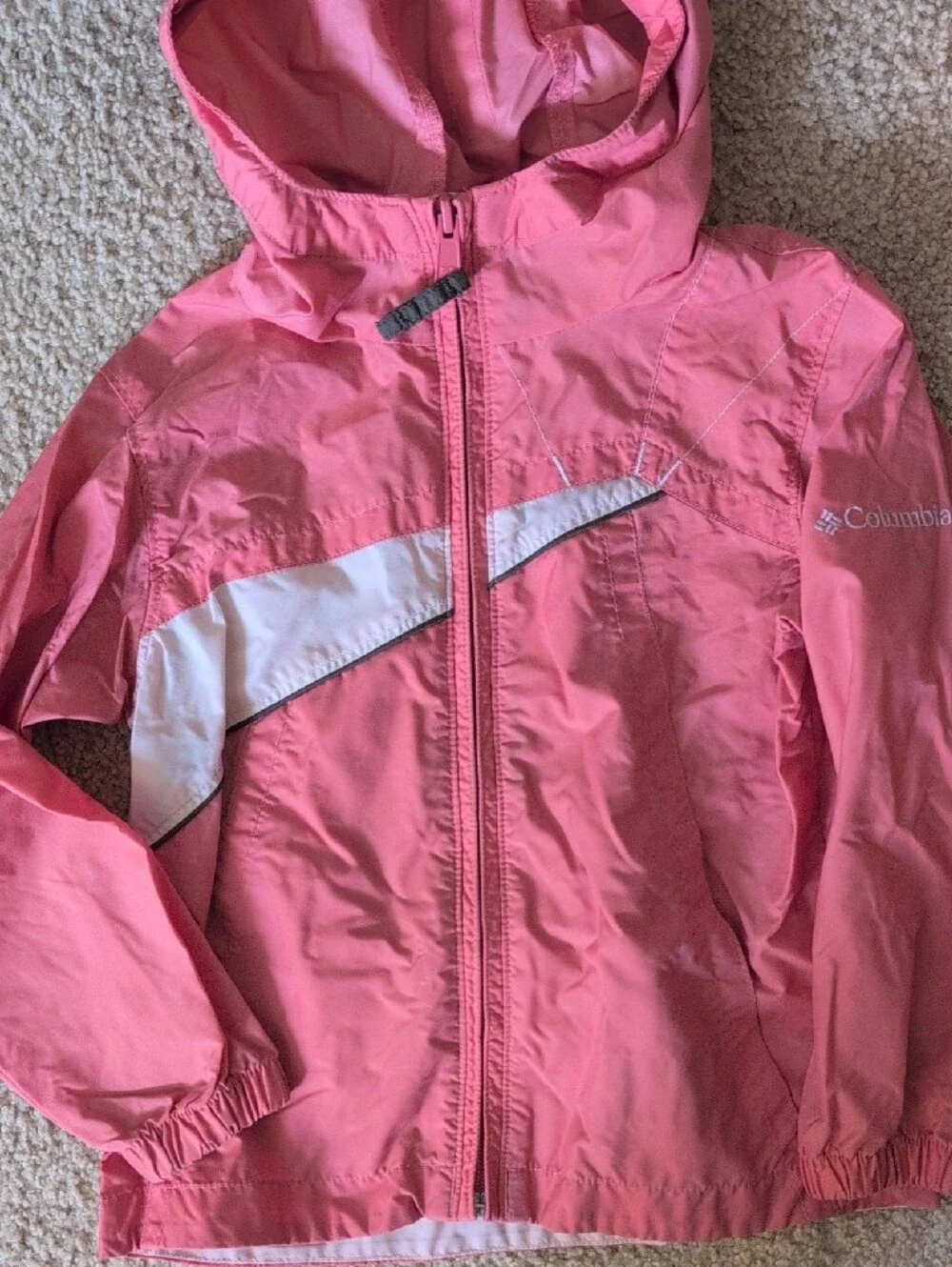 Columbia Pink Hooded Kids' Rain Jacket with White Accent